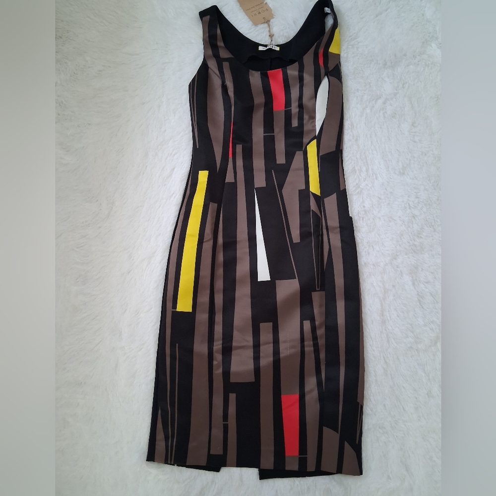 €250 ICEBERG Sheath Dress Geometric Print Bodycon Dress in Brown and Black